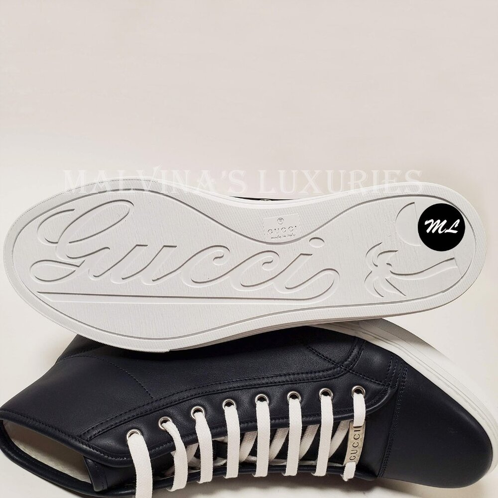 GUCCI MENS SNEAKERS HI TOP BLUE MICRO SOFT LEATHER w LOGO 7.5G US 8 - Picture 9 of 10